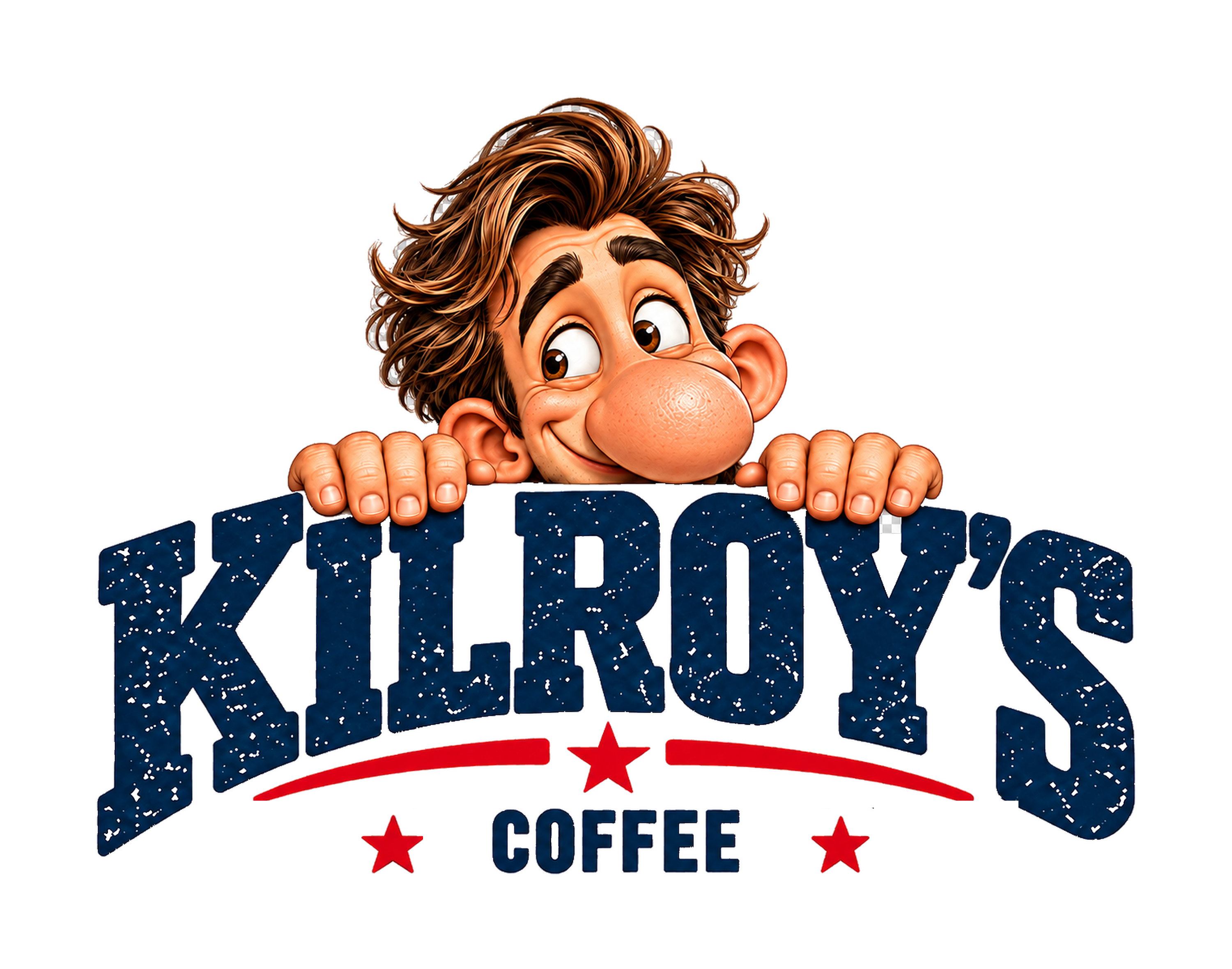 Kilroy peeking over the Kilroy’s Coffee wordmark